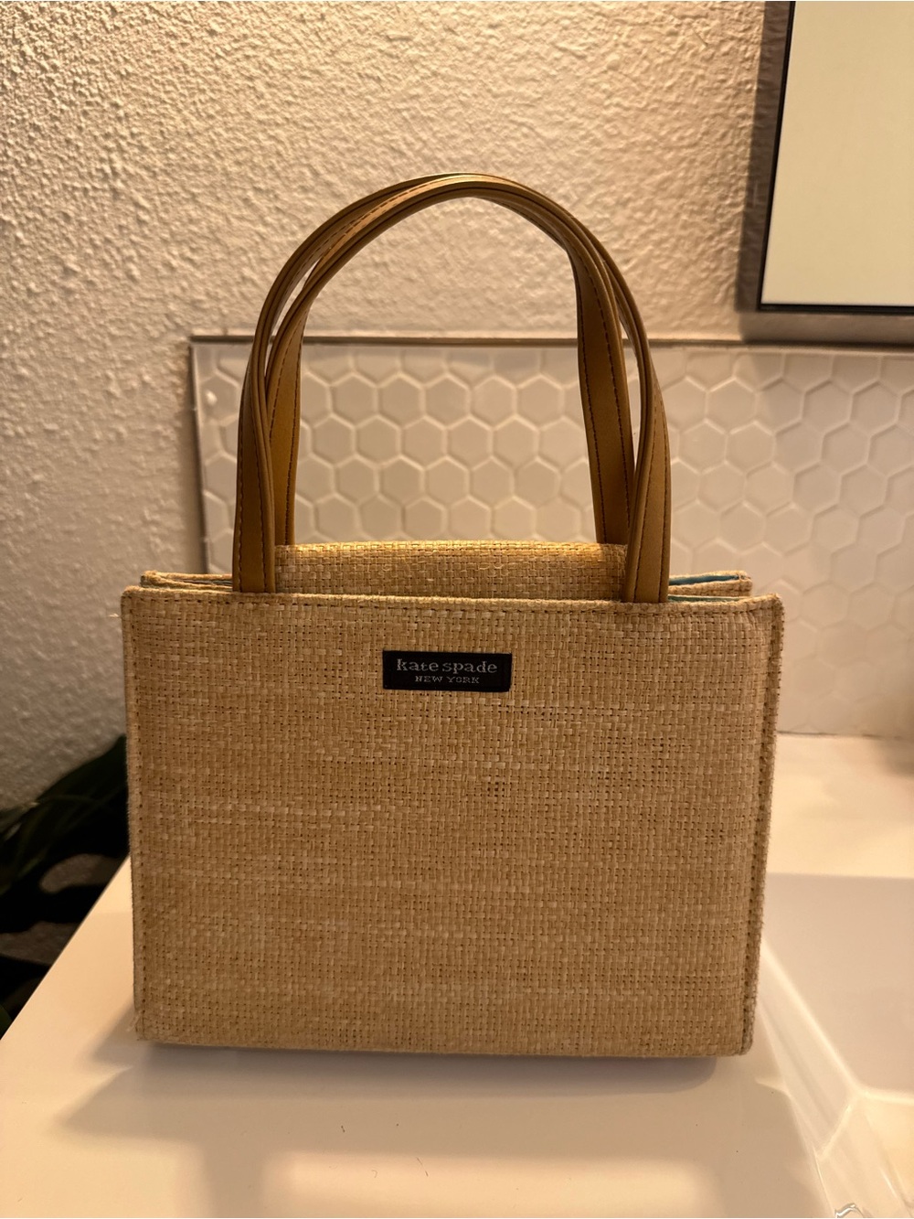 Kate Spade Natural Raffia Tote with Tan Leather Handles Colorful Interior - Picture 3 of 10